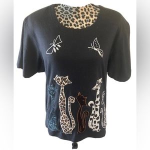 Coral Bay Top Blouse XL Black Cat Theme Vintage Short Sleeve Chic 50s Crew Neck